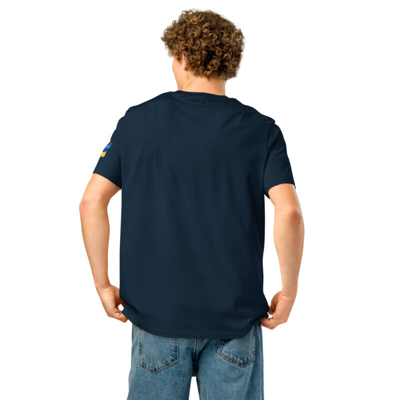 Two-color ribbon in blue and yellow – Unisex organic ribbed neck t-shirt 10
