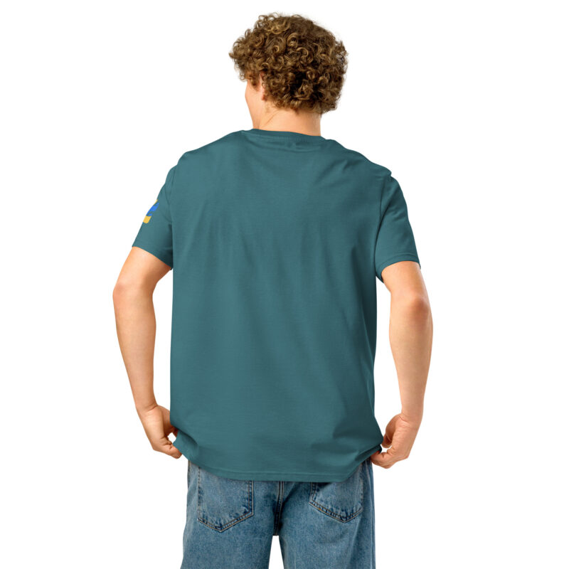 Two-color ribbon in blue and yellow – Unisex organic ribbed neck t-shirt 12