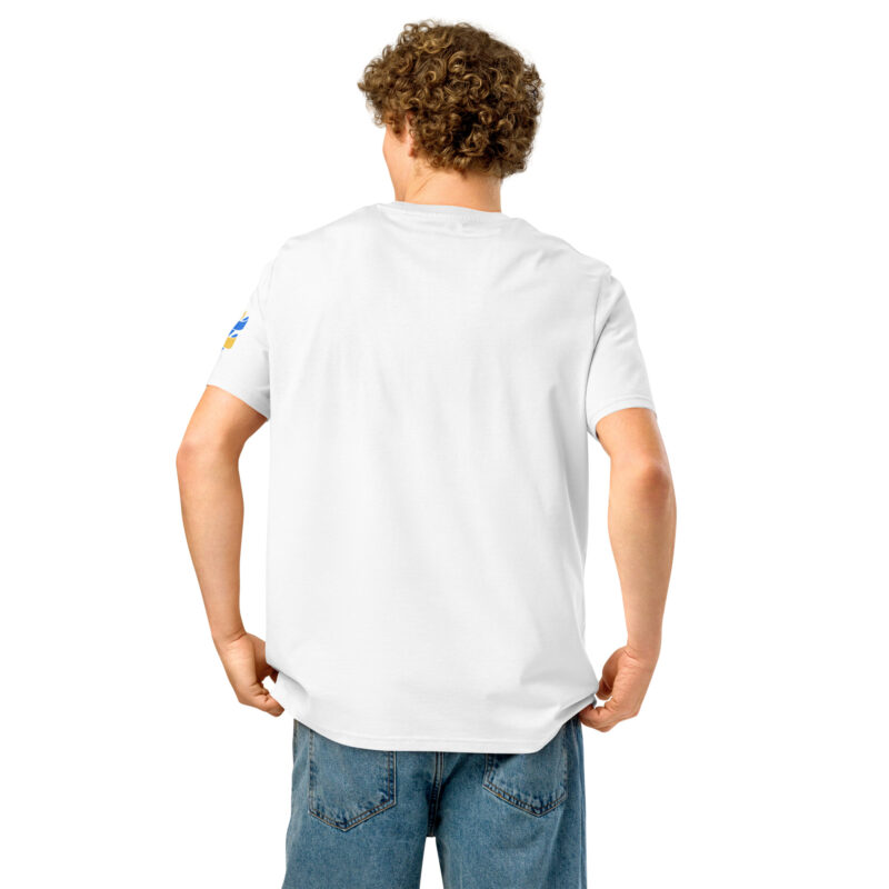 Two-color ribbon in blue and yellow – Unisex organic ribbed neck t-shirt 14